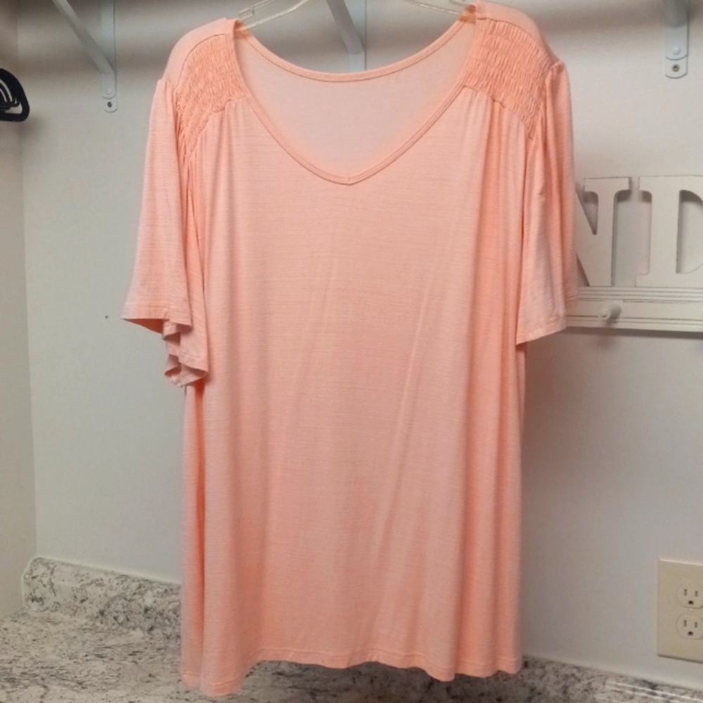 Peach slinky ruched shoulder blouse 1X